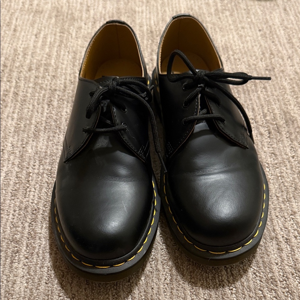 Dr. Martens Black Leather Shoes with Yellow Stitching